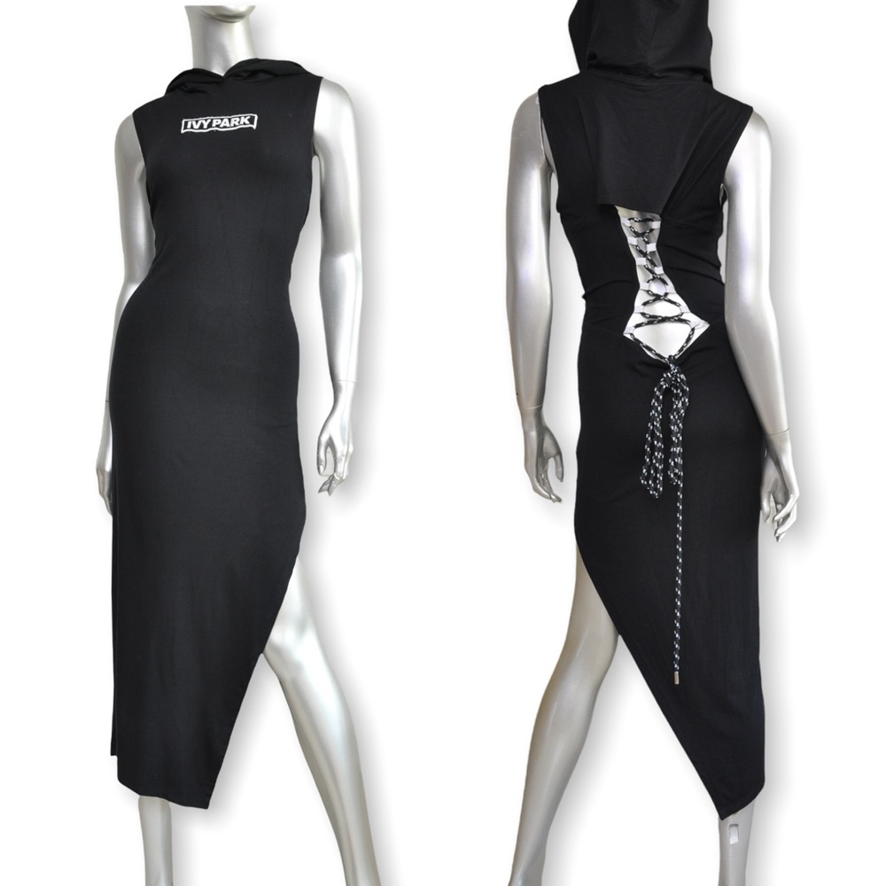 Ivy Park Black Body Con Dress with Open Back and Hood